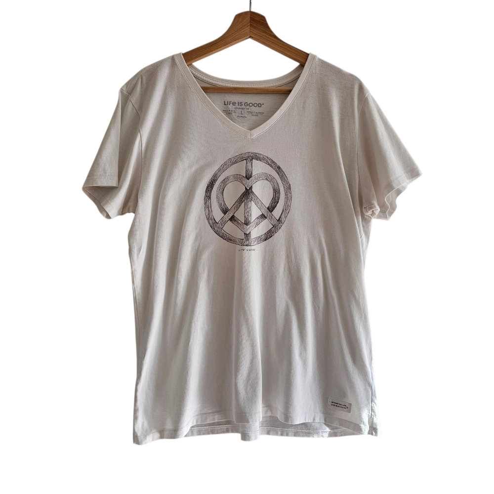 Life is Good Crusher Tee V-Neck Peace Sign Heart Print Women's Large White